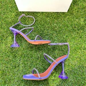 Amina Muaddi Gilda 95 Crystal Embellished Clear PVC Plastic Heels Lilac Purple
